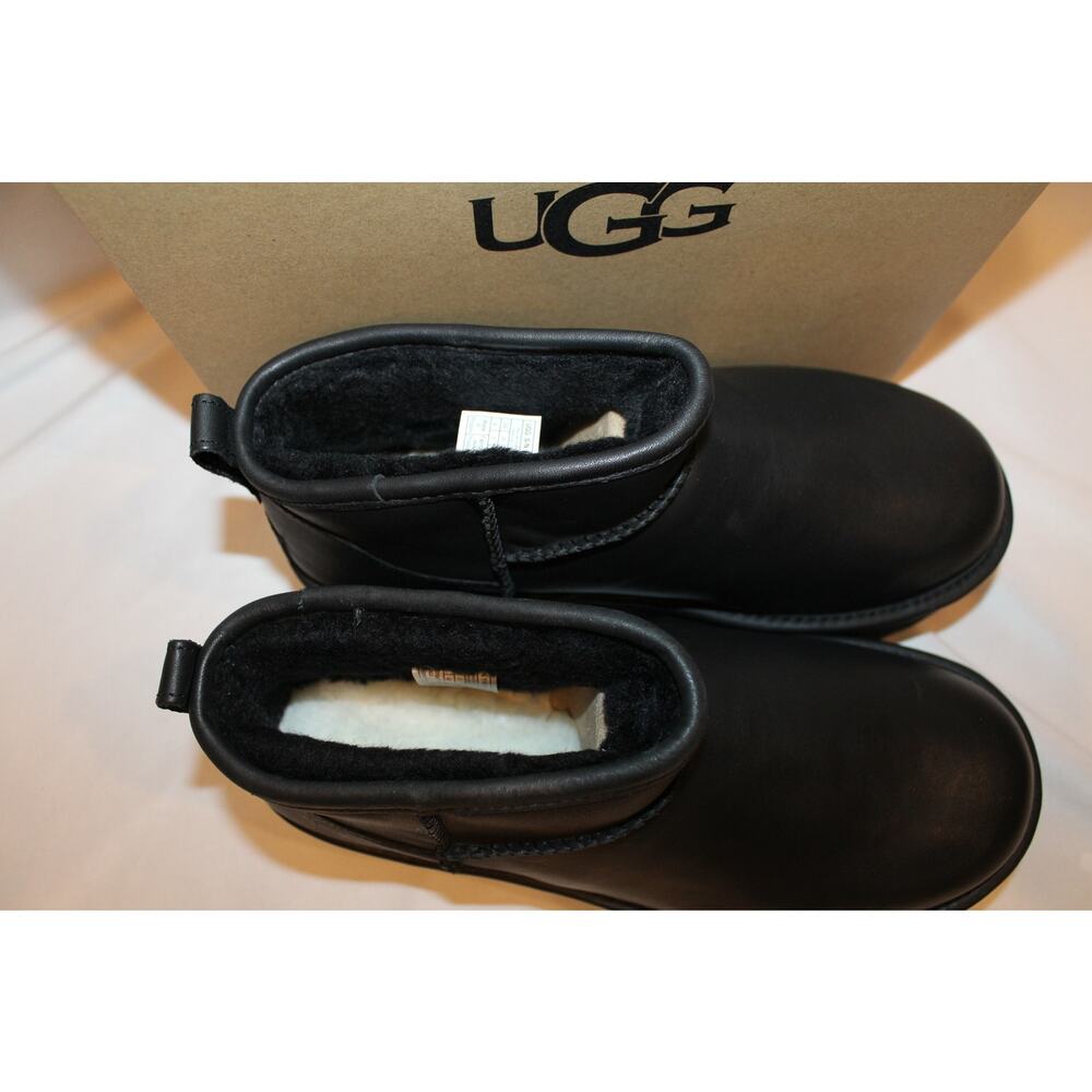 NIB UGG WOMEN'S ULTRA MINI PLATFORM LEATHER SHEARLING LINED ANKLE BOOTS BLACK - Picture 6 of 8